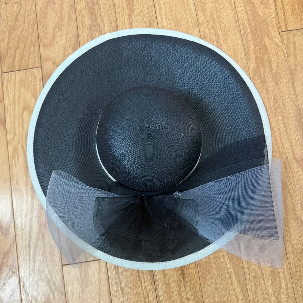 David M Designer Luxury Old Money OS Black White Straw Hat Tulle Kentucky Derby